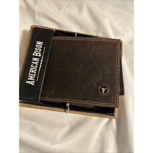 AMERICAN BISON Genuine Brown Leather Wallet Stitching Metal Logo Bifold Western